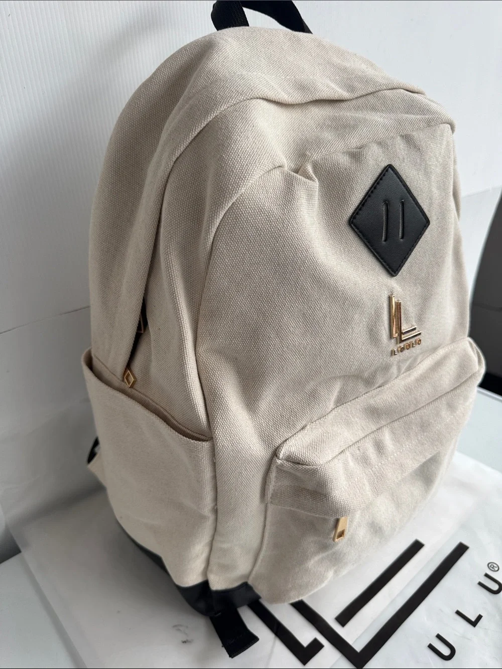 NEW LOULU CANVAS LAPTOP BACKPACK CREAM BLACK GOLD HARDWARE DAY PACK TRAVEL